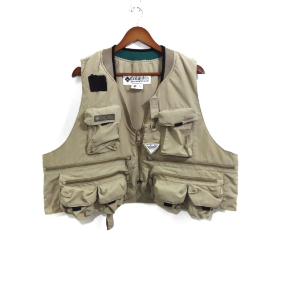 Vintage Columbia PFG Vest Mens XL Beige Fishing Tactical Utility Multi Pocket
